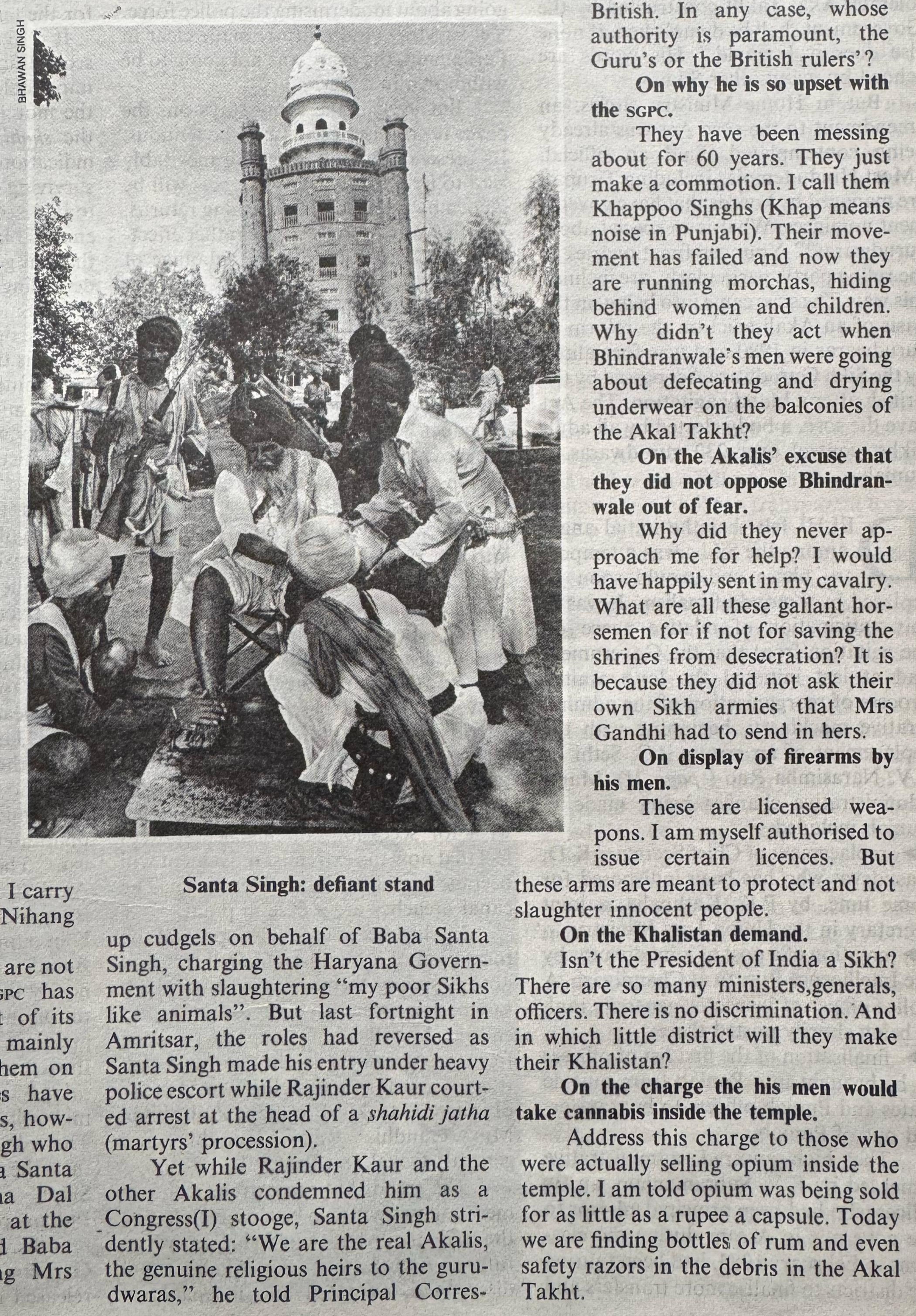 India Today, Santa Singh interview, page 27, August 15 1984